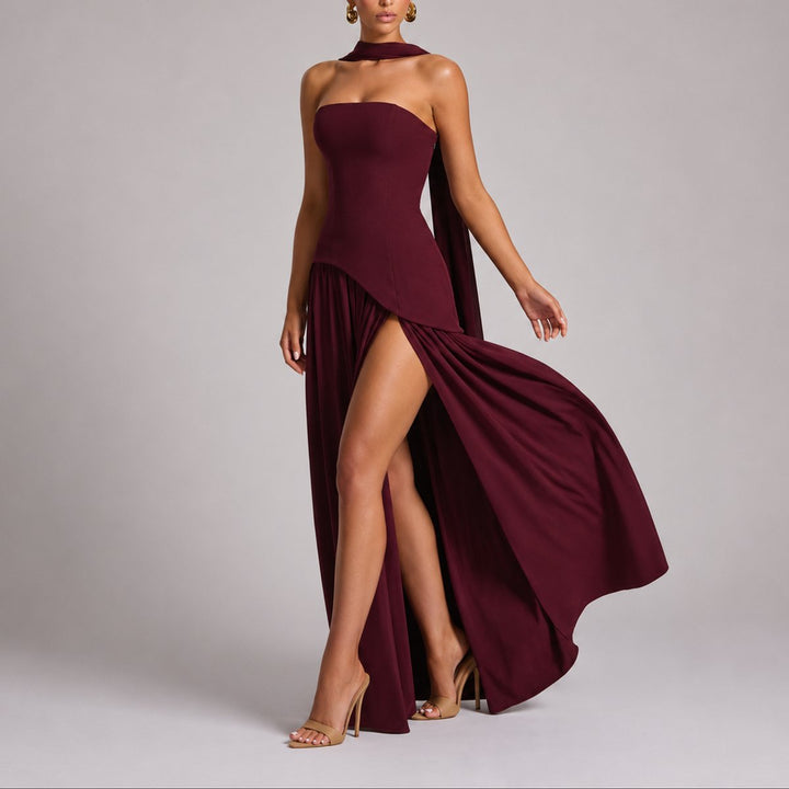 Women's Strapless Open-Back Split-Skirt Fall Wedding Guest Maxi Dress - Red
