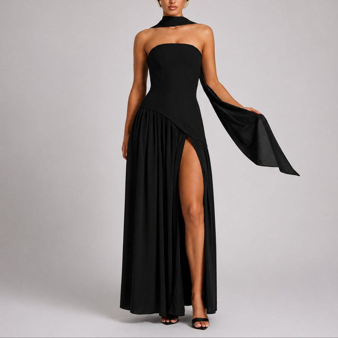 Women's Strapless Open-Back Split-Skirt Fall Wedding Guest Maxi Dress - Black