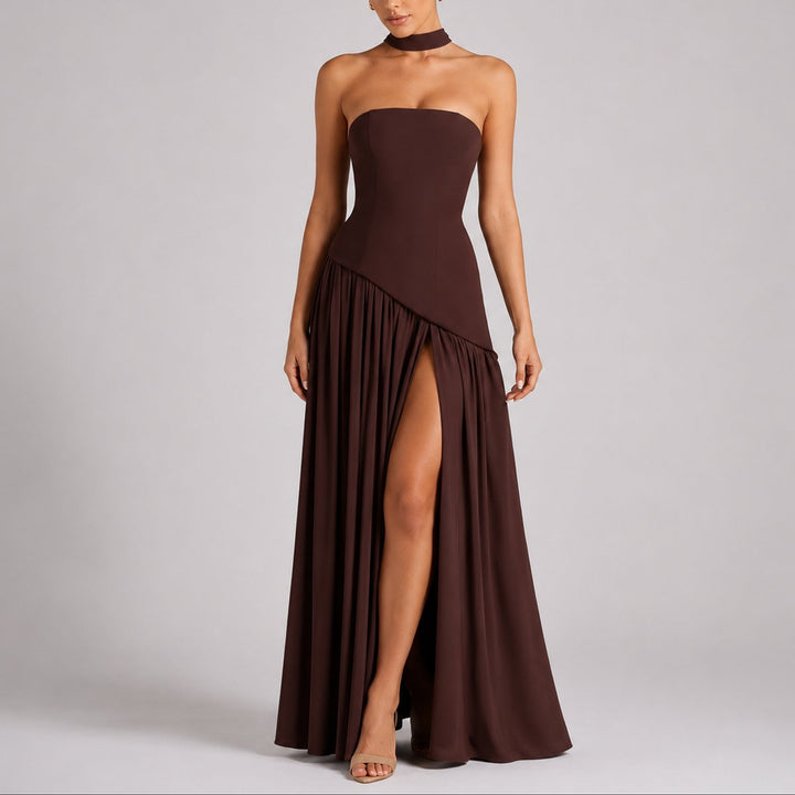 Women's Strapless Open-Back Split-Skirt Fall Wedding Guest Maxi Dress - Brown
