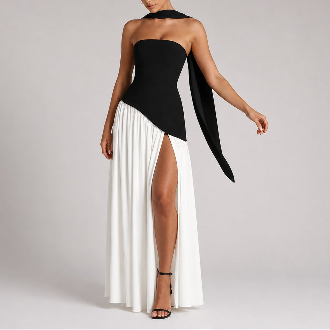 Women's Strapless Open-Back Split-Skirt Fall Wedding Guest Maxi Dress - White