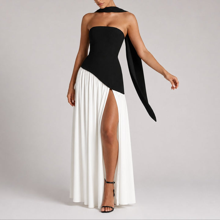 Women's Strapless Open-Back Split-Skirt Fall Wedding Guest Maxi Dress - White