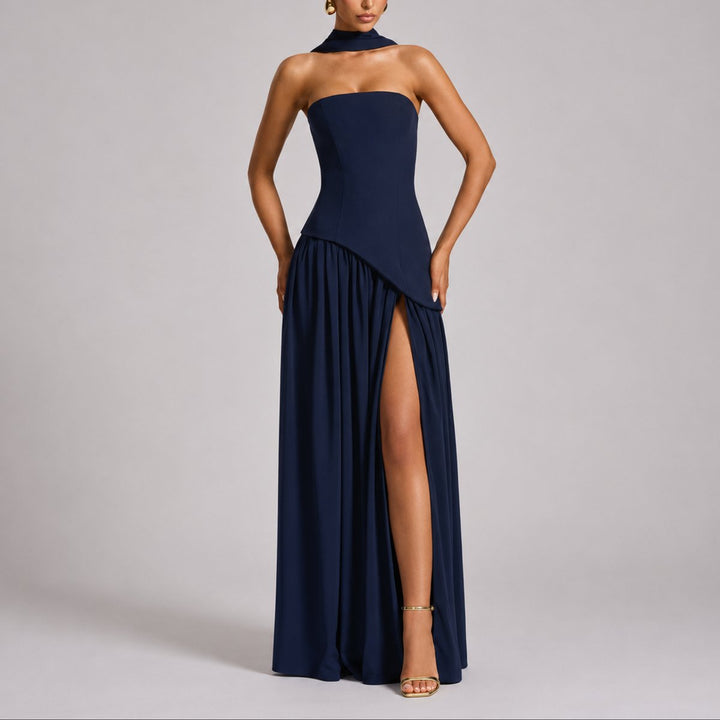 Women's Strapless Open-Back Split-Skirt Fall Wedding Guest Maxi Dress - Navy