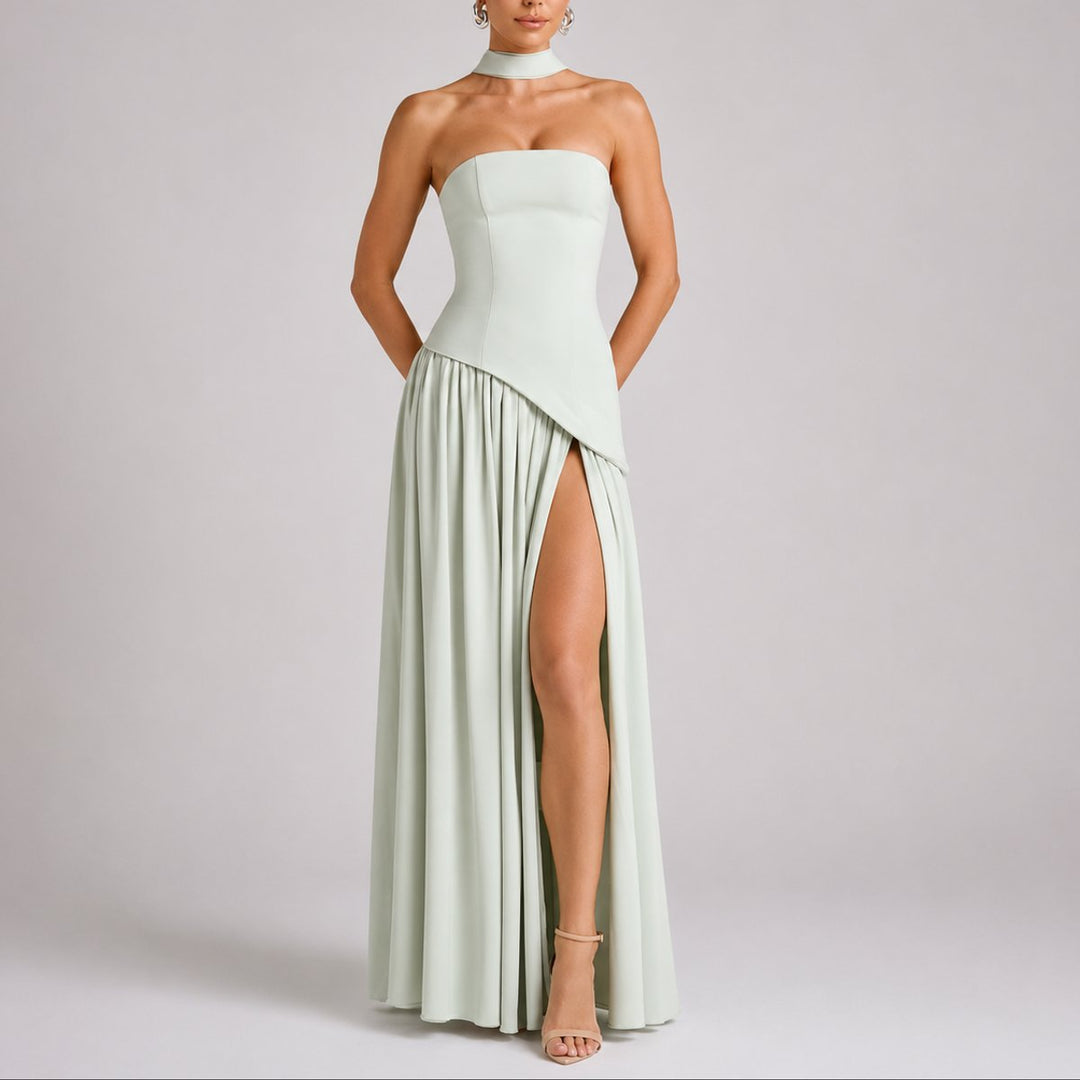 Women's Strapless Open-Back Split-Skirt Fall Wedding Guest Maxi Dress - Light Green