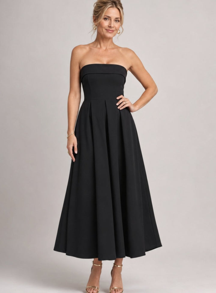 Women's Strapless Pleated A-Line Midi Cocktail Dress - Black