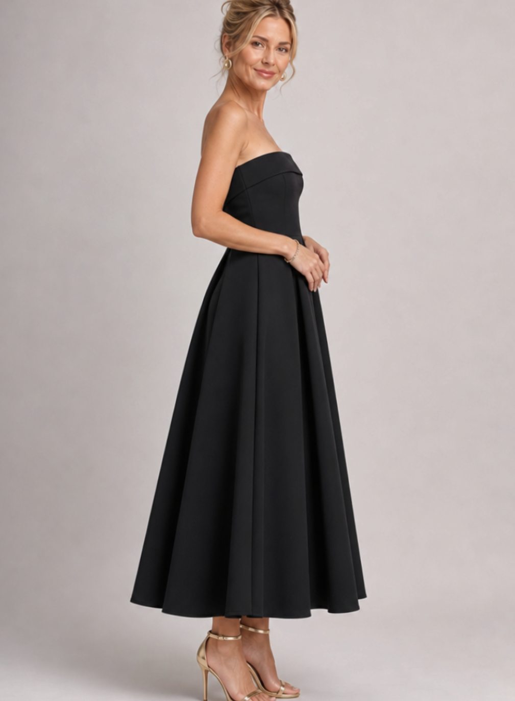 Women's Strapless Pleated A-Line Midi Cocktail Dress