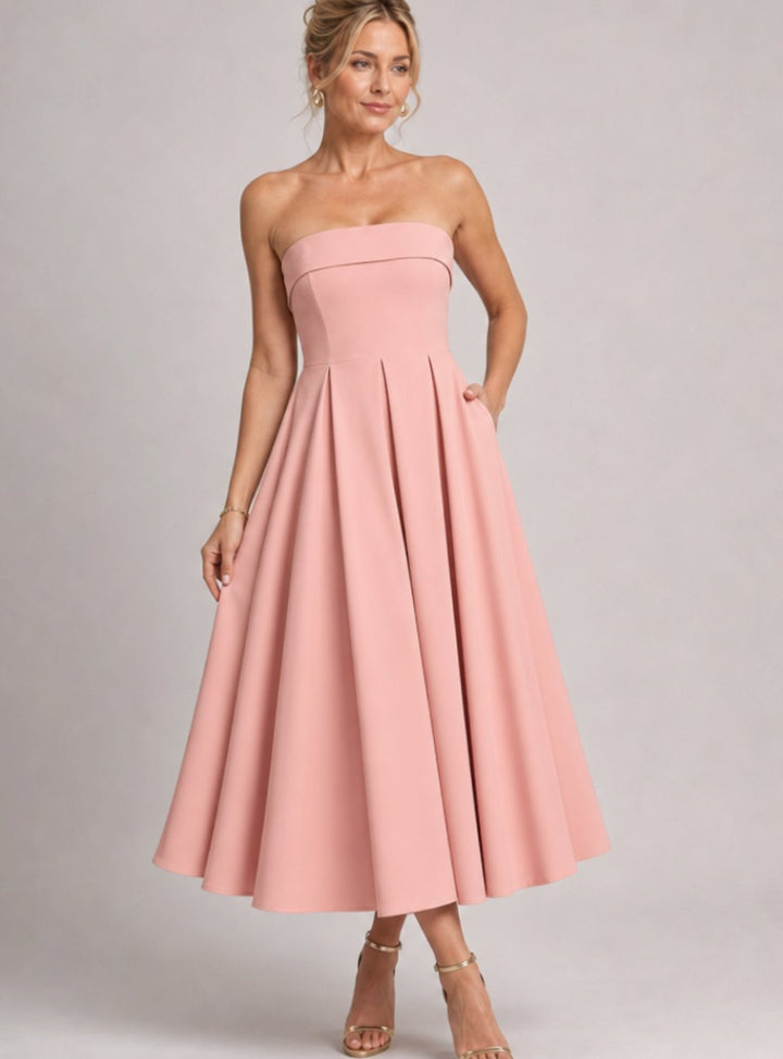 Women's Strapless Pleated A-Line Midi Cocktail Dress - Pink