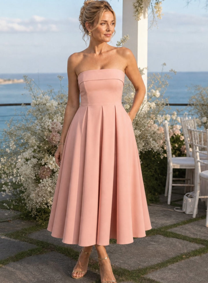 Women's Strapless Pleated A-Line Midi Cocktail Dress