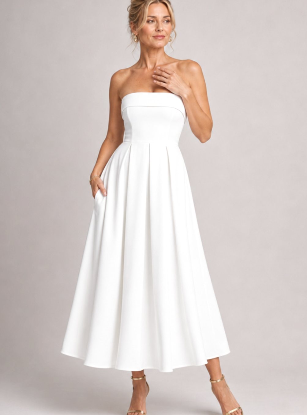 Women's Strapless Pleated A-Line Midi Cocktail Dress - White