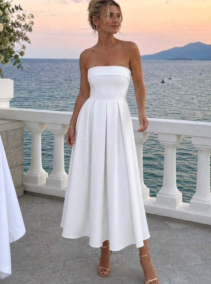 Women's Strapless Pleated A-Line Midi Cocktail Dress