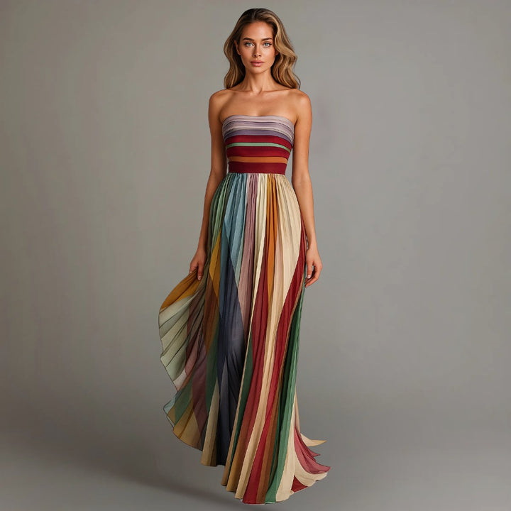 Women's Strapless Pleated Striped Maxi Dress Floor-Length
