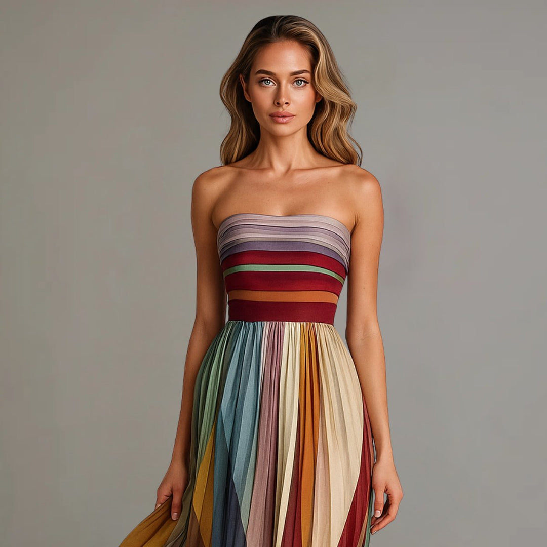 Women's Strapless Pleated Striped Maxi Dress Floor-Length