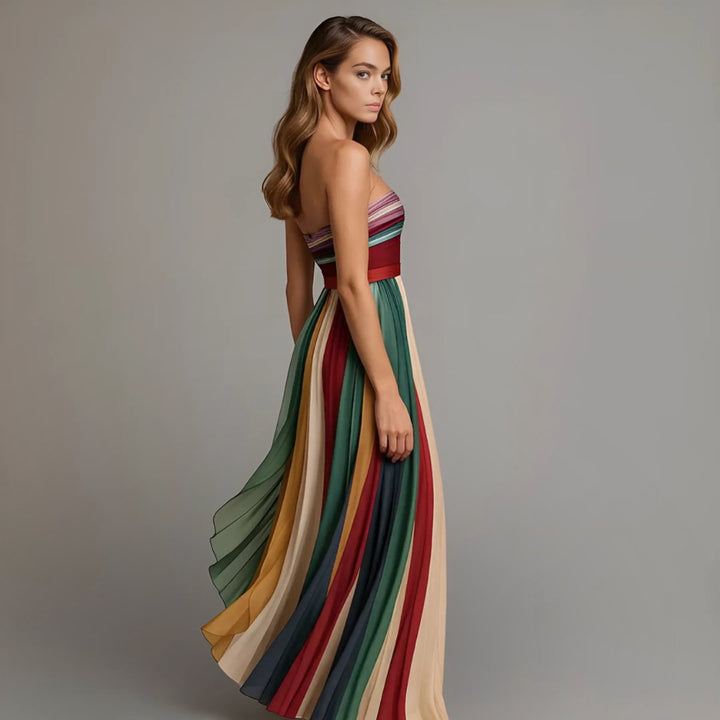 Women's Strapless Pleated Striped Maxi Dress Floor-Length