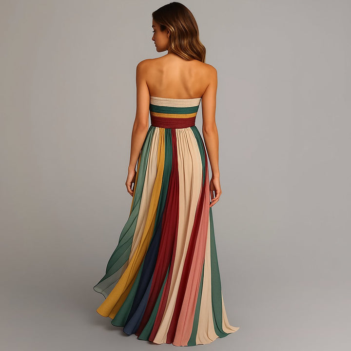 Women's Strapless Pleated Striped Maxi Dress Floor-Length