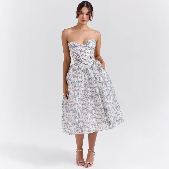 Women's Strapless Satin Corset Midi Cocktail Dress Pleated Skirt - Rose