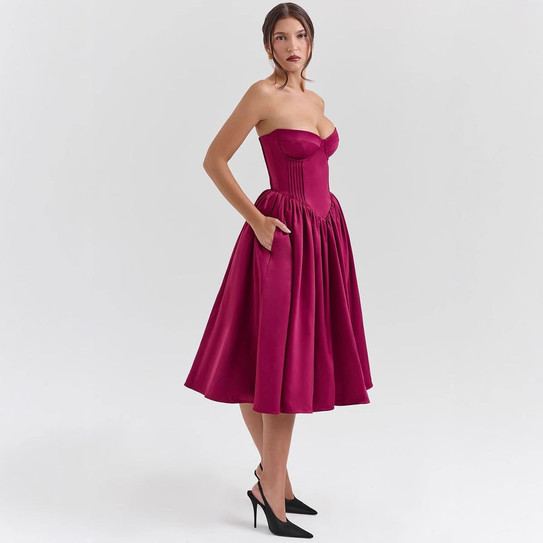 Women's Strapless Satin Corset Midi Cocktail Dress Pleated Skirt - Magenta