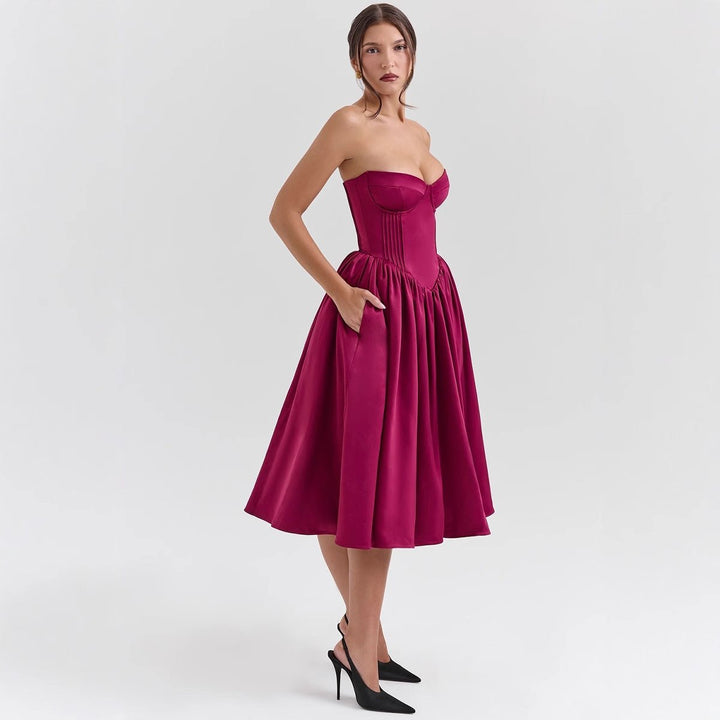 Women's Strapless Satin Corset Midi Cocktail Dress Pleated Skirt - Magenta