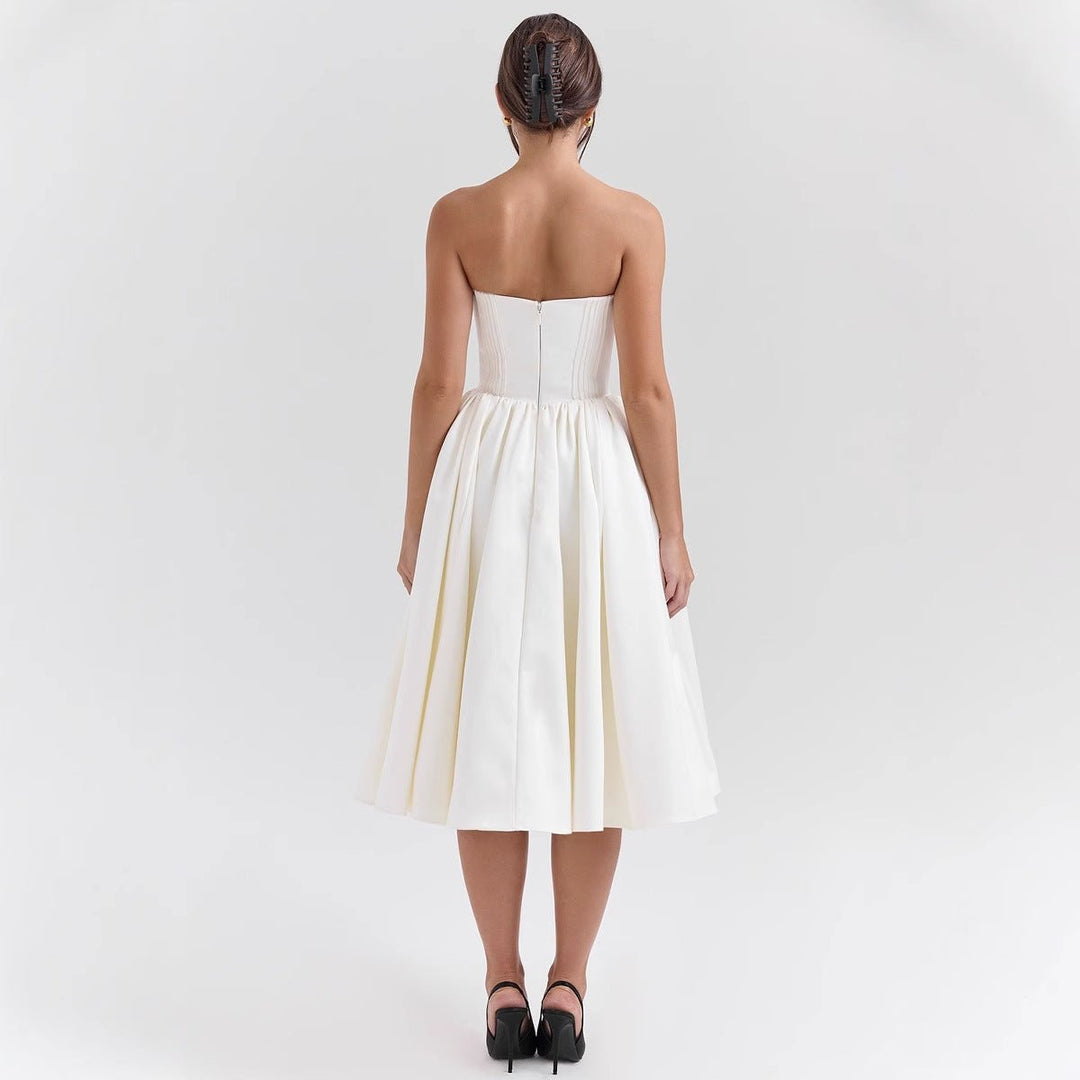 Women's Strapless Satin Corset Midi Cocktail Dress Pleated Skirt