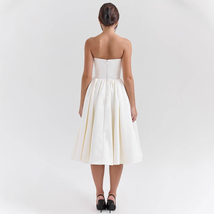 Women's Strapless Satin Corset Midi Cocktail Dress Pleated Skirt