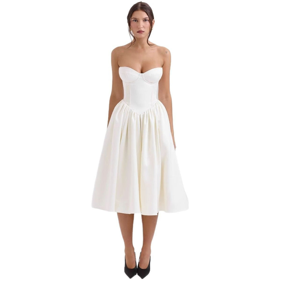 Women's Strapless Satin Corset Midi Cocktail Dress Pleated Skirt