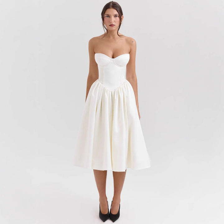 Women's Strapless Satin Corset Midi Cocktail Dress Pleated Skirt - White