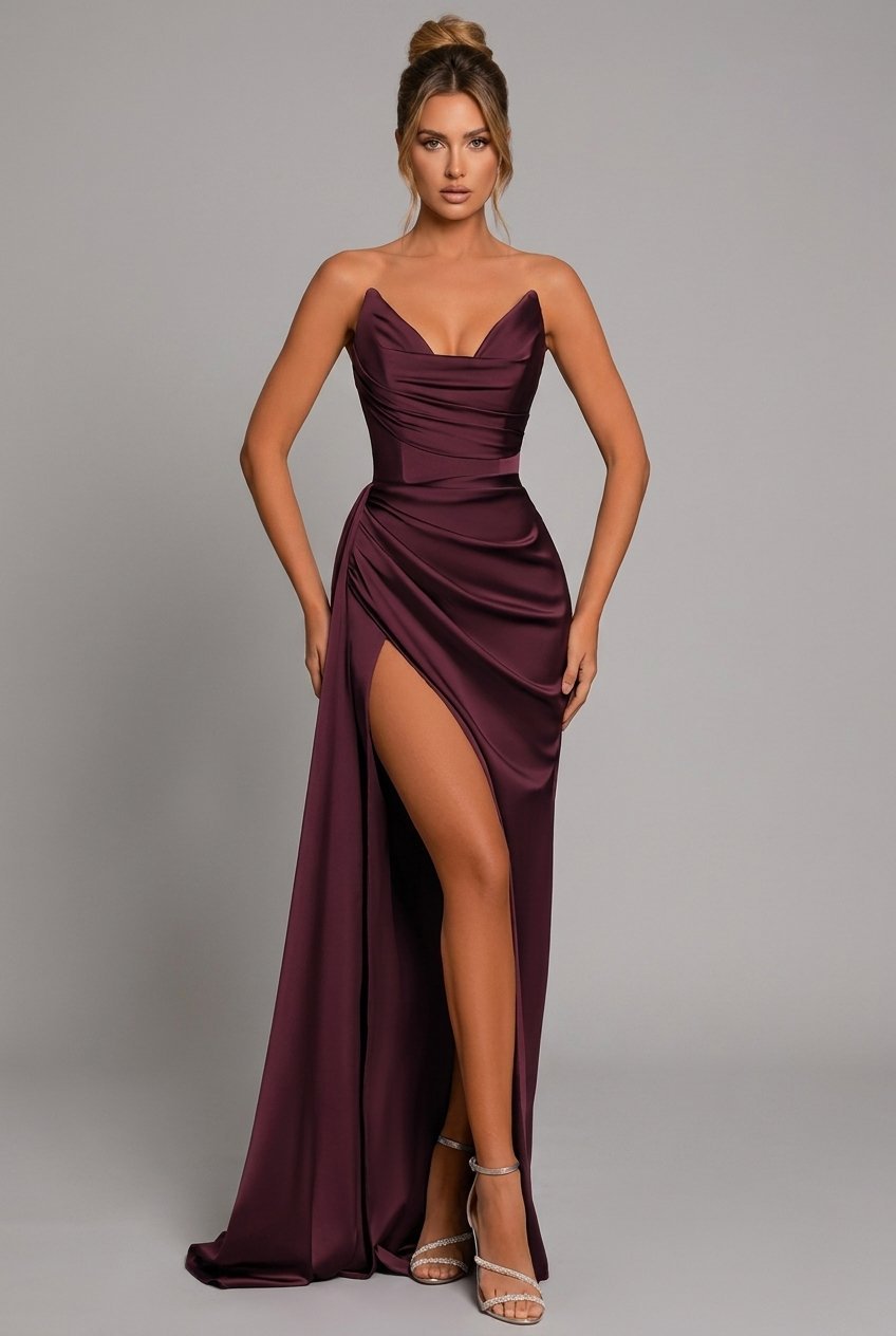 Women's Strapless Satin Maxi Dress with Ruched Bodice and High Slit - Crimson Red
