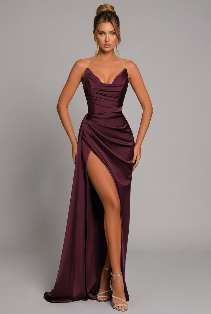 Women's Strapless Satin Maxi Dress with Ruched Bodice and High Slit - Crimson Red