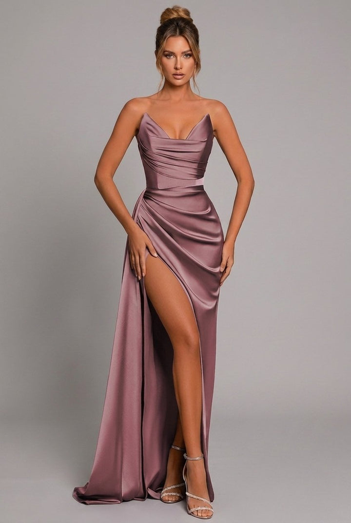 Women's Strapless Satin Maxi Dress with Ruched Bodice and High Slit - Dusty Rose