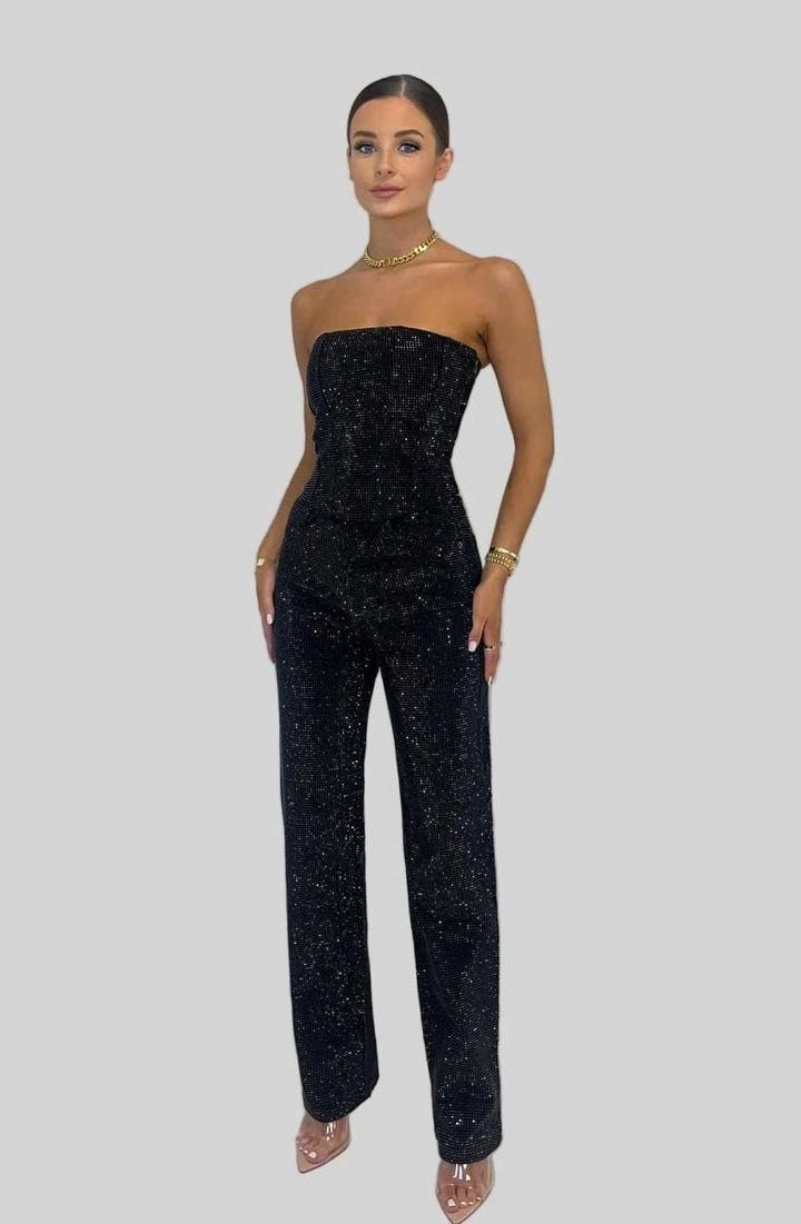 Women's Strapless Sequin Straight-Leg Autumn Dress Jumpsuit - Black