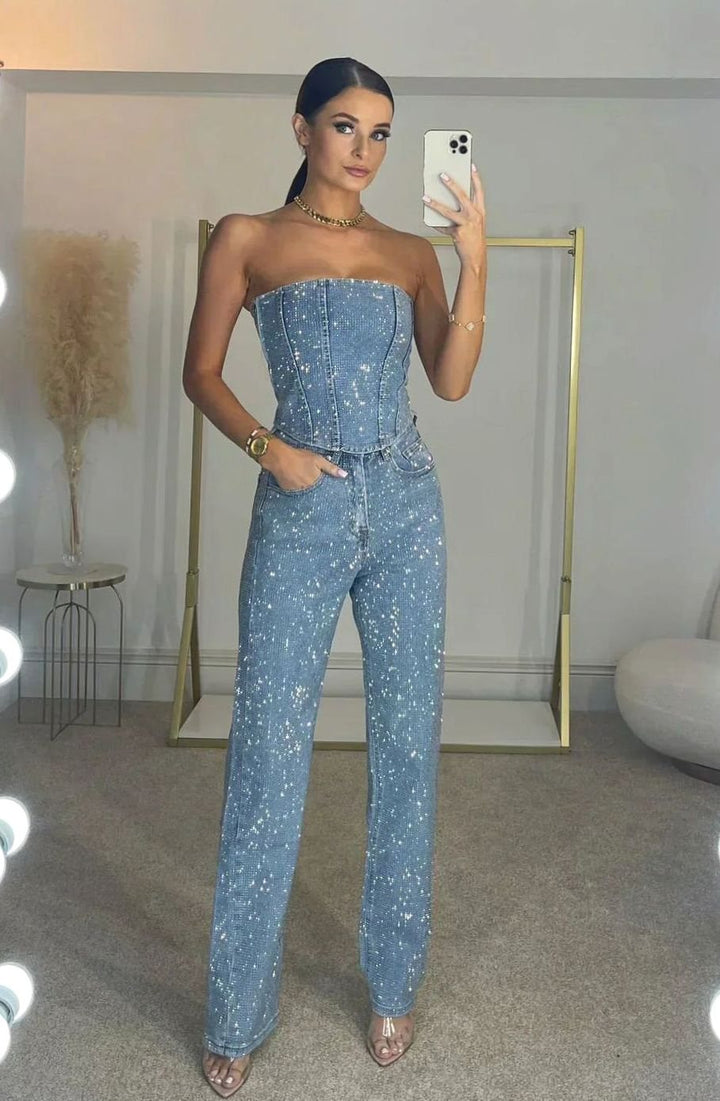 Women's Strapless Sequin Straight-Leg Autumn Dress Jumpsuit - Denim