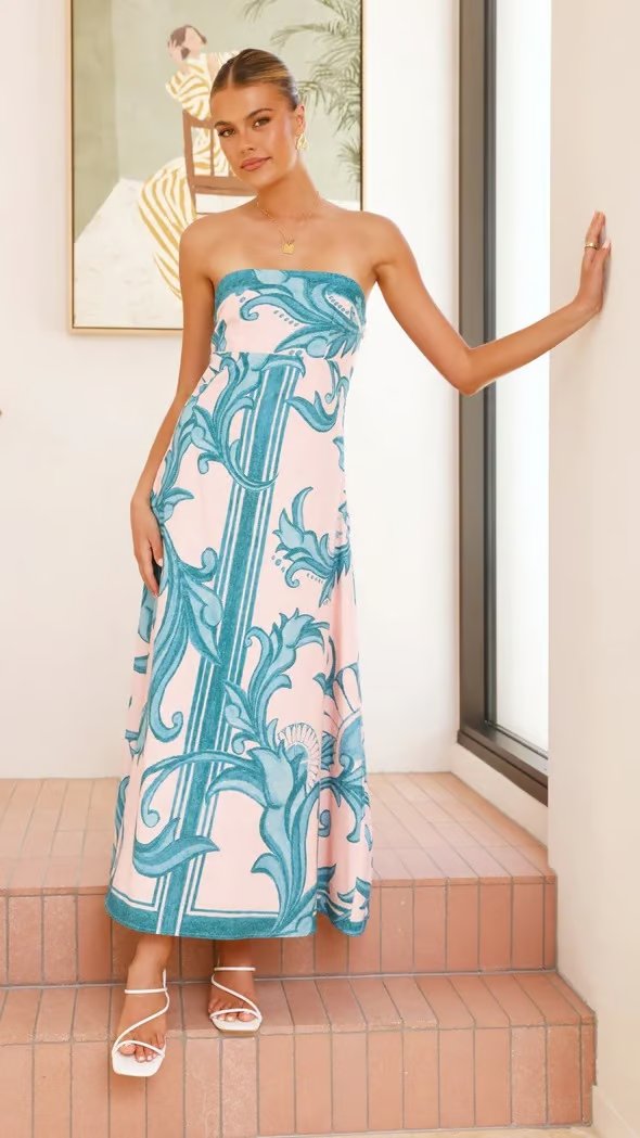 Women's Strapless Vintage Printed Maxi Tube Dress - Light Blue
