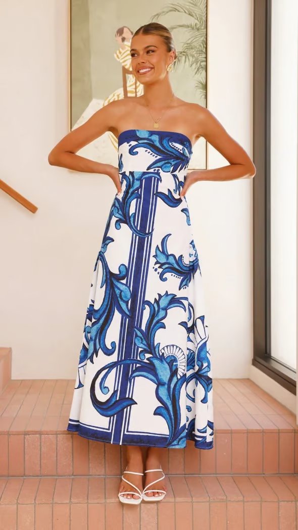Women's Strapless Vintage Printed Maxi Tube Dress