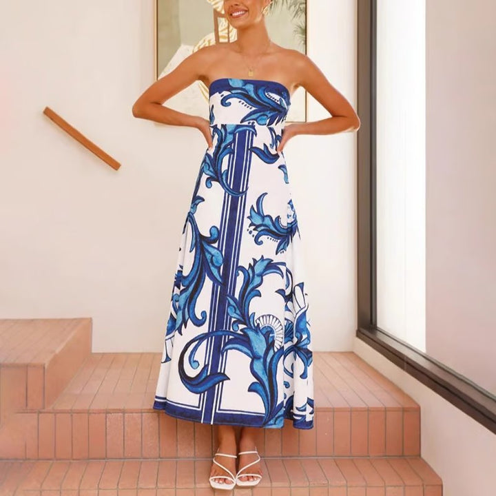 Women's Strapless Vintage Printed Maxi Tube Dress