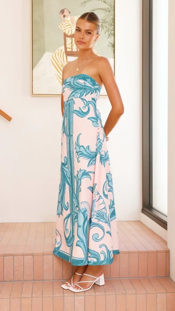 Women's Strapless Vintage Printed Maxi Tube Dress