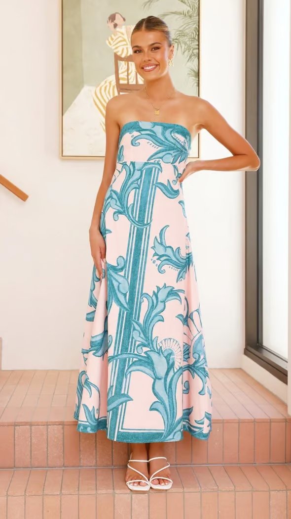 Women's Strapless Vintage Printed Maxi Tube Dress