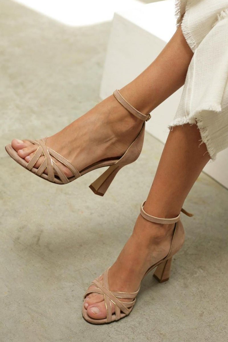Women's Strappy Block Heel Sandals Ankle Strap Open Toe - Beige