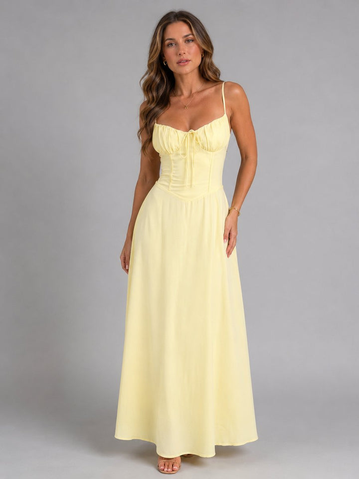 Women's Strappy Corset-Bodice Flowing Maxi Dress - Yellow