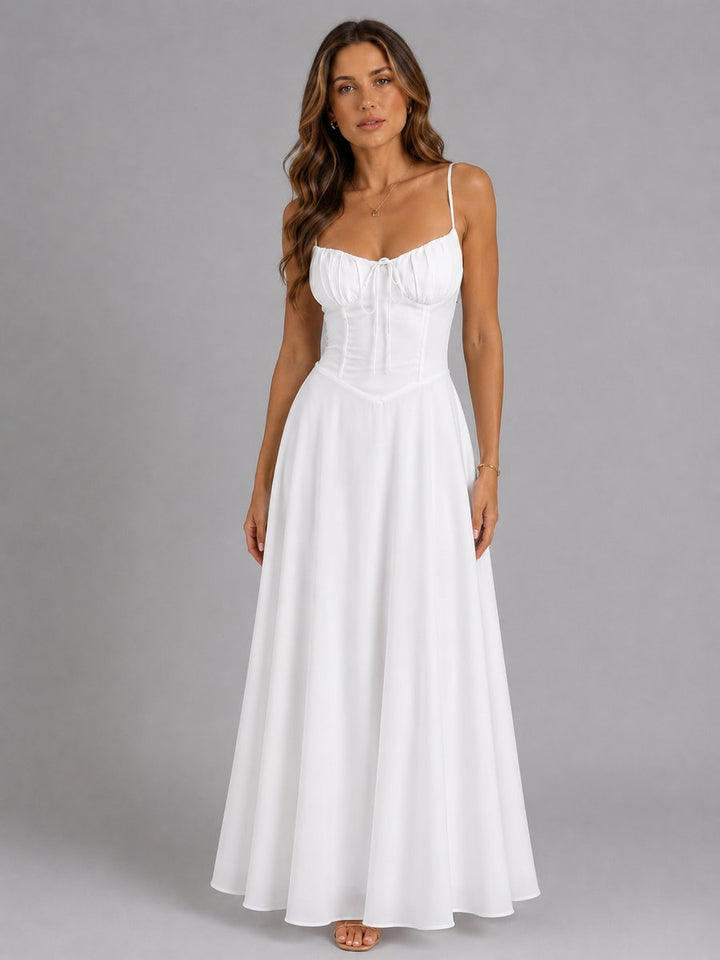 Women's Strappy Corset-Bodice Flowing Maxi Dress - White