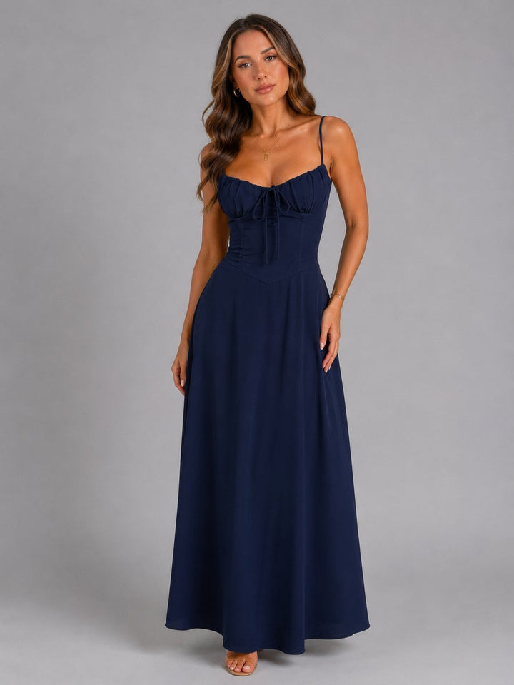 Women's Strappy Corset-Bodice Flowing Maxi Dress - Navy