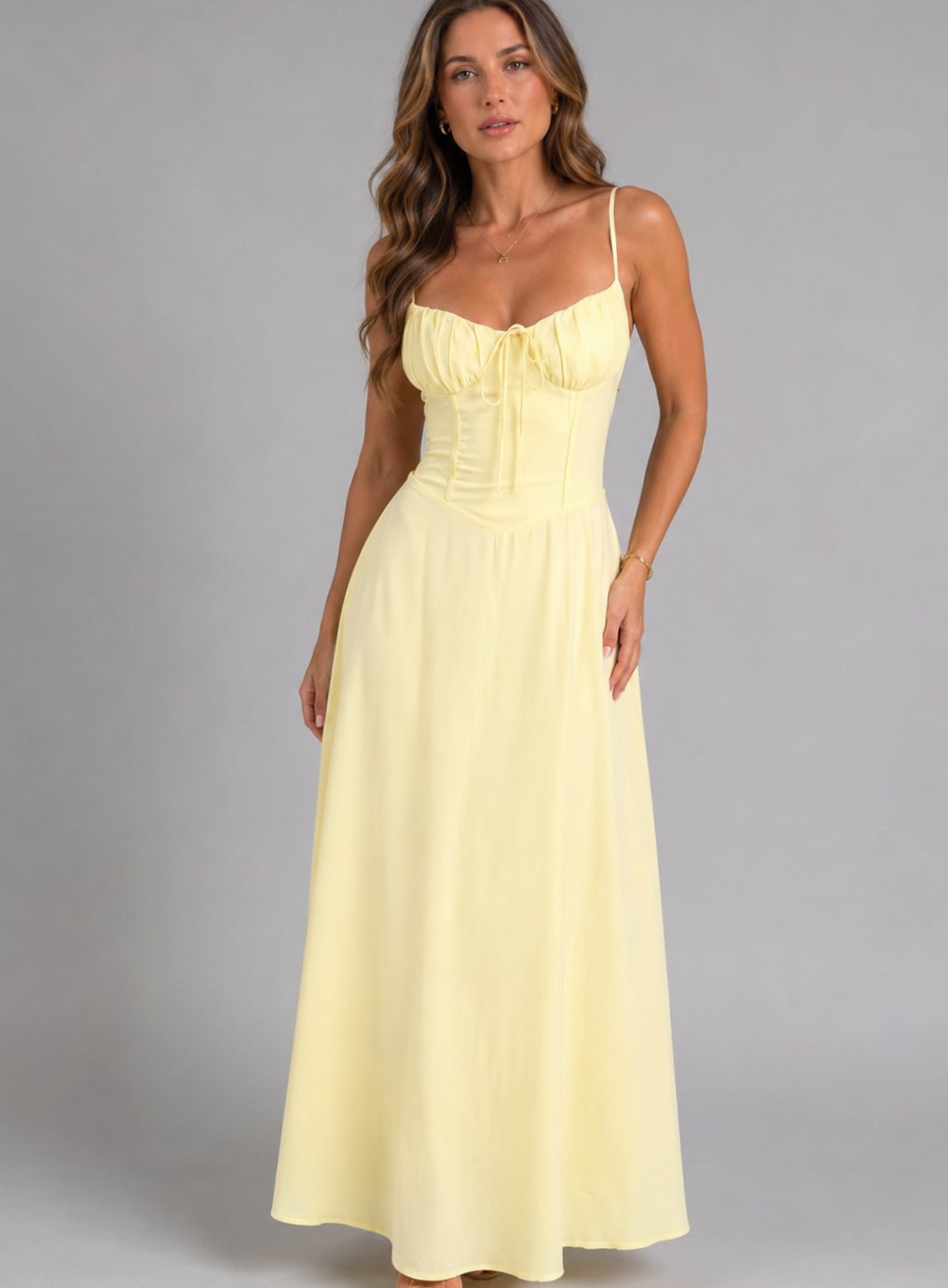Women's Strappy Corset-Bodice Maxi Sundress Autumn Dress - Yellow
