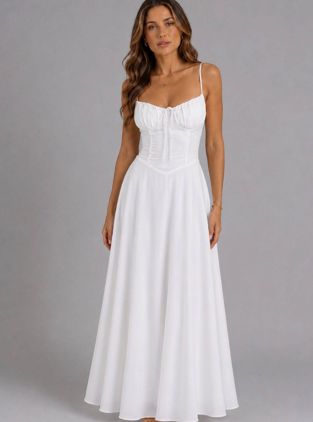 Women's Strappy Corset-Bodice Maxi Sundress Autumn Dress - White