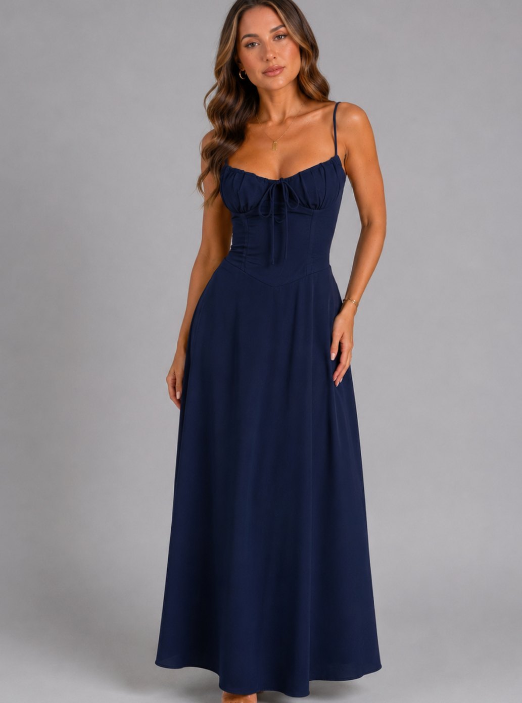 Women's Strappy Corset-Bodice Maxi Sundress Autumn Dress - Navy