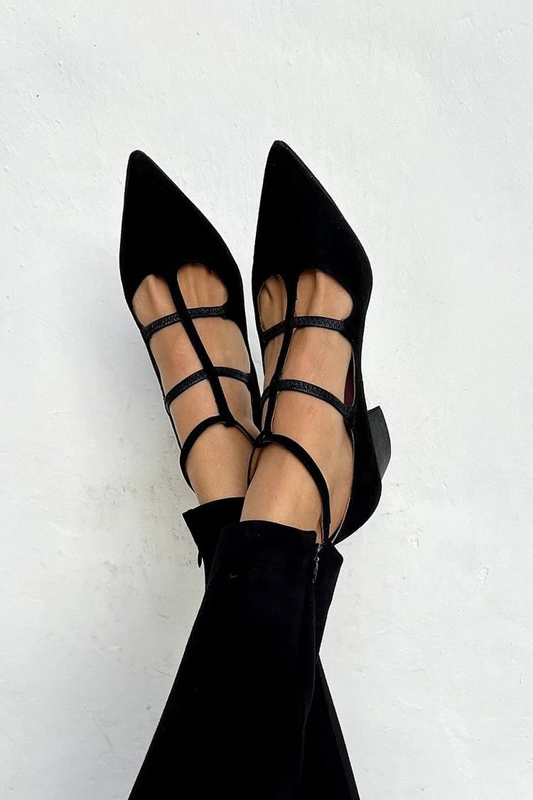 Women's Strappy Pointed Flats Cross Strap Design Block Heel - Black