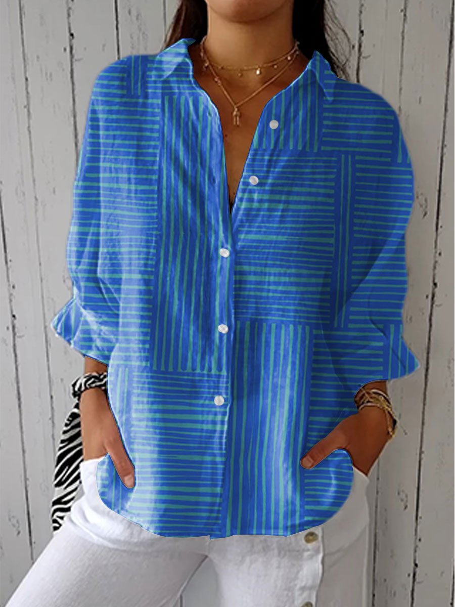 Women's Striped Blouse Button-Front Relaxed Fit - Blue