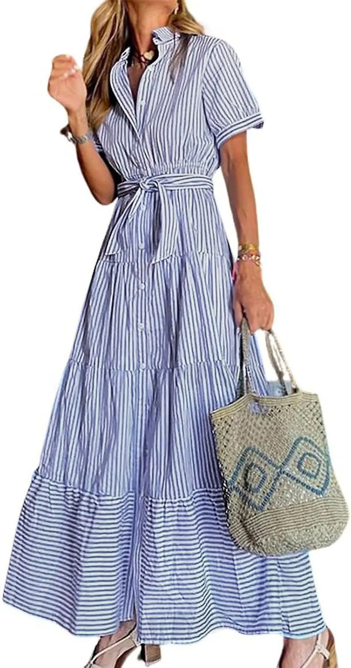 Women's Striped Button-Down Tiered Maxi Dress - Blue
