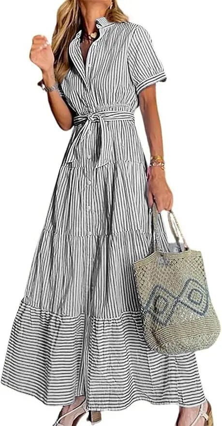 Women's Striped Button-Down Tiered Maxi Dress - Black