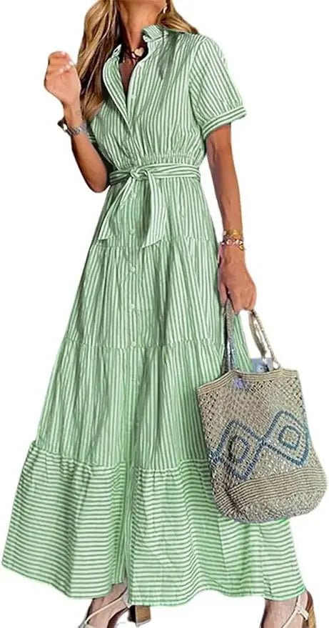 Women's Striped Button-Down Tiered Maxi Dress - Green