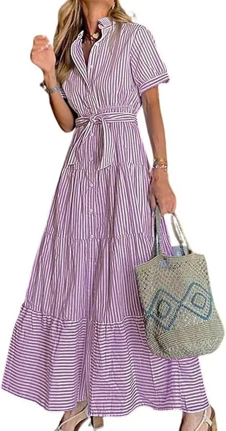 Women's Striped Button-Down Tiered Maxi Dress - Purple