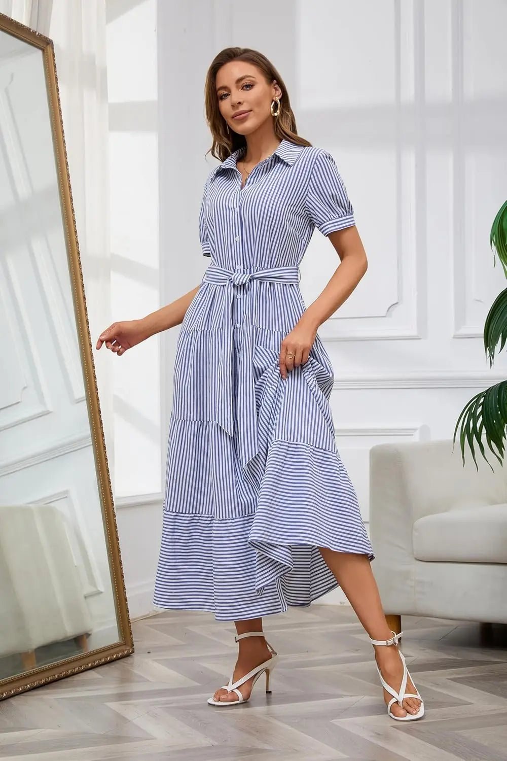 Women's Striped Button-Down Tiered Maxi Dress