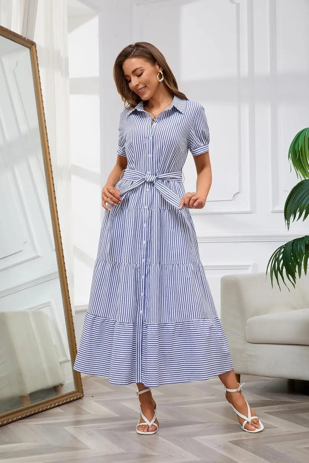 Women's Striped Button-Down Tiered Maxi Dress