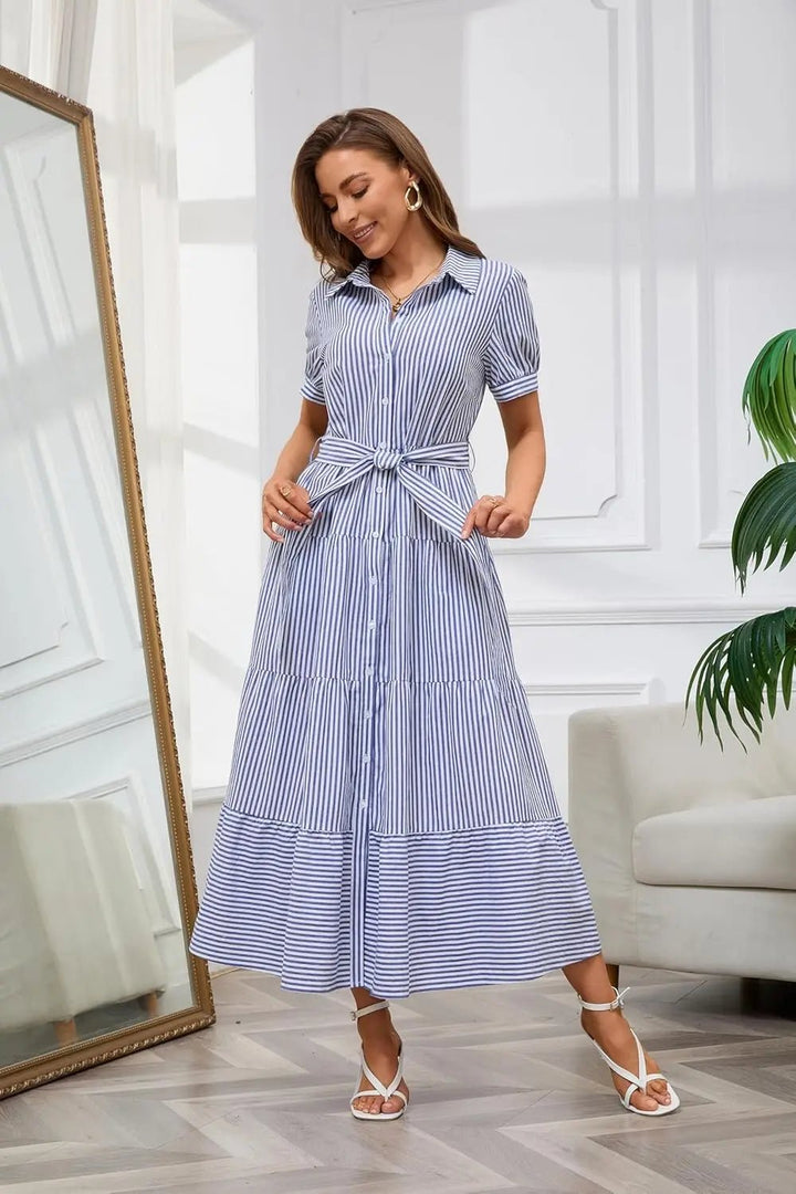Women's Striped Button-Down Tiered Maxi Dress